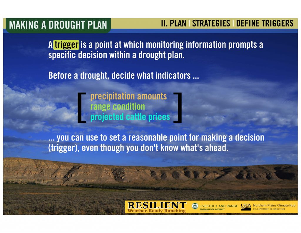 A graphic with a landscape picture and text describing triggers in drought management